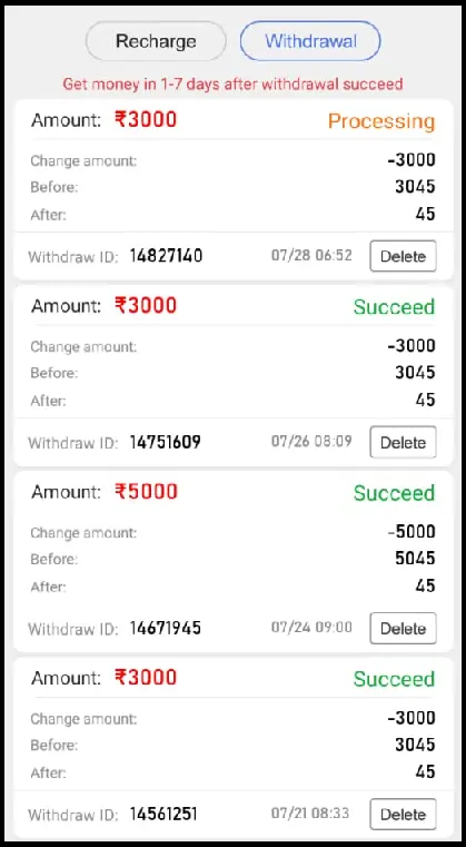 Teen Patti Vungo App Withdrawal Record